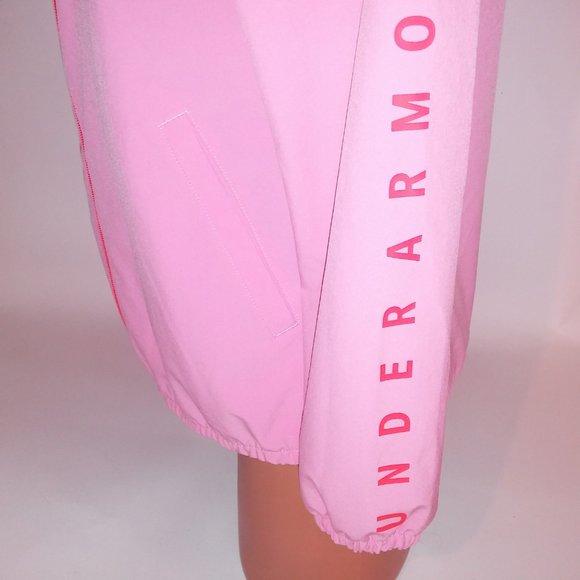 Under Armour Jacket Windbreaker Small Pink Orange Zip Up Loose Fit Hooded Pit to - Picture 10 of 13